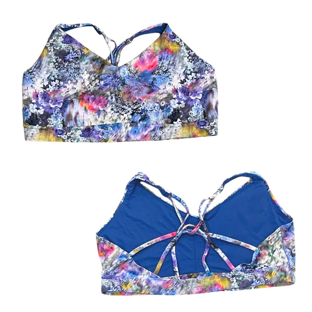 Athleta Solace Sports Bra D-DD Size 3X Renewed Bloom Chrome Blue Strappy Back